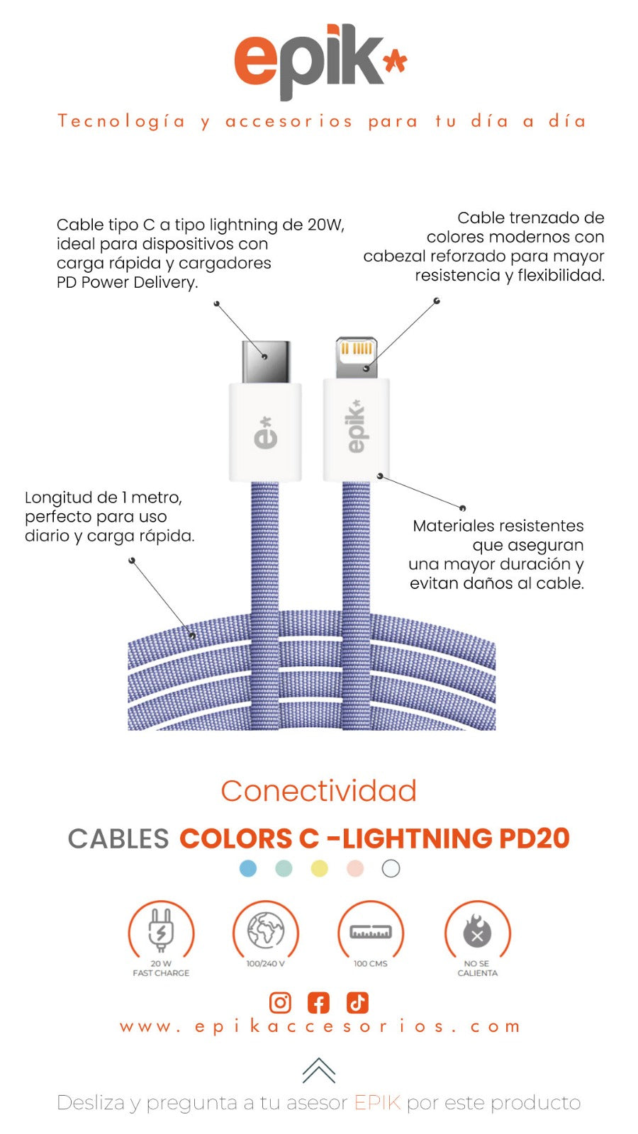Cable tipo C a Lighning 20W epik*