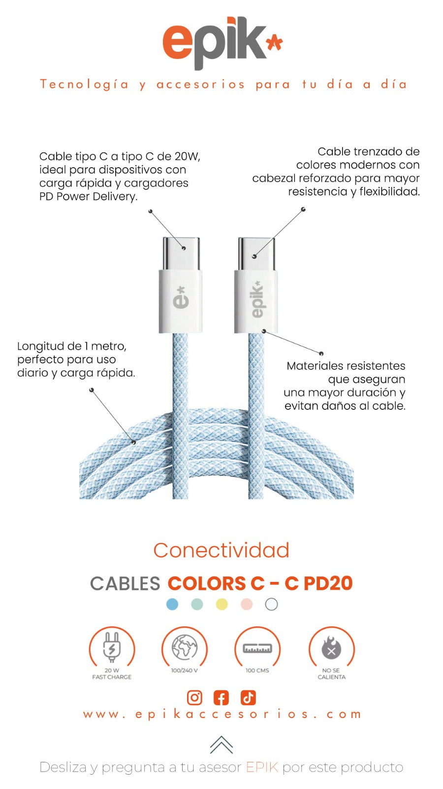 Cable de datos y carga 20 W Tipo C a C epik*