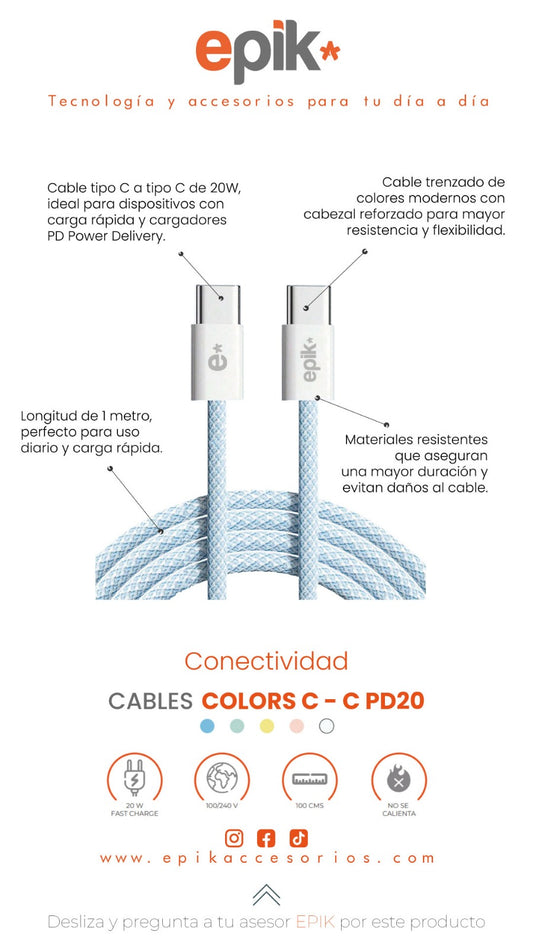 Cable de datos y carga 20 W Tipo C a C epik*